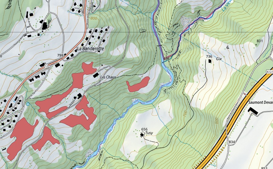 swisstopo national map showing the protected perimeter of Les Chaux (Dry meadow)