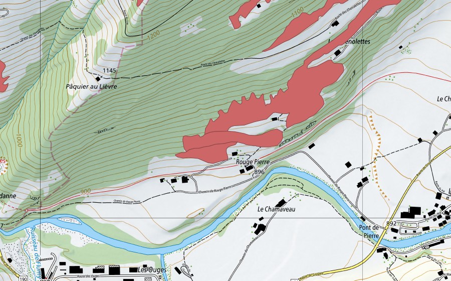 Carte nationale swisstopo avec le périmètre protégé de Les Chenolettes (Prairie sèche)