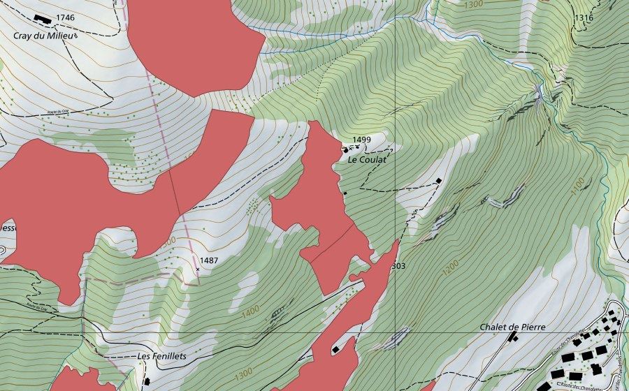 Carte nationale swisstopo avec le périmètre protégé de Les Chenolettes (Prairie sèche)