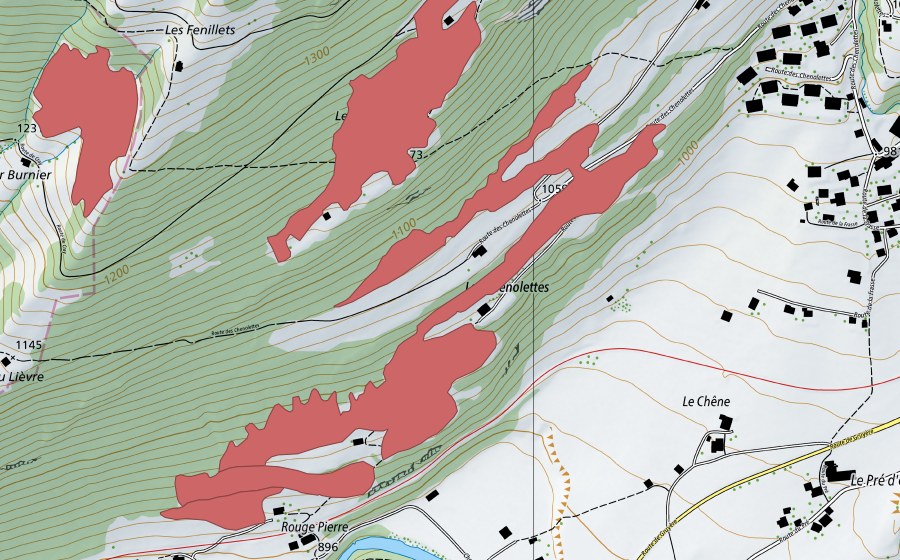 Carte nationale swisstopo avec le périmètre protégé de Les Chenolettes (Prairie sèche)