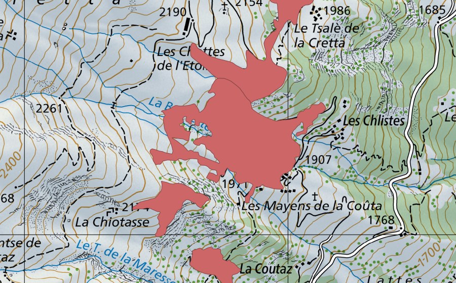 Landeskarte swisstopo mit dem Schutzperimeter von Les Chottes de l'Etoile (Trockenwiese)