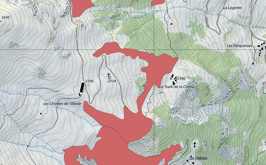 swisstopo national map showing the protected perimeter of Les Chottes de l'Etoile (Dry meadow)