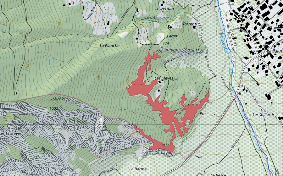 Landeskarte swisstopo mit dem Schutzperimeter von Les Cleives (Trockenwiese)