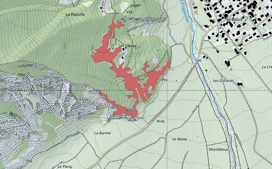 Carte nationale swisstopo avec le périmètre protégé de Les Cleives (Prairie sèche)