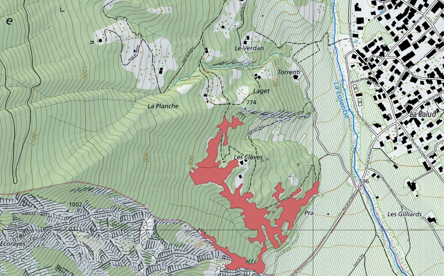 Carte nationale swisstopo avec le périmètre protégé de Les Cleives (Prairie sèche)
