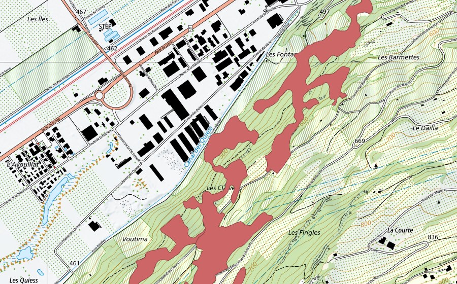 Landeskarte swisstopo mit dem Schutzperimeter von Les Clèves (Trockenwiese)