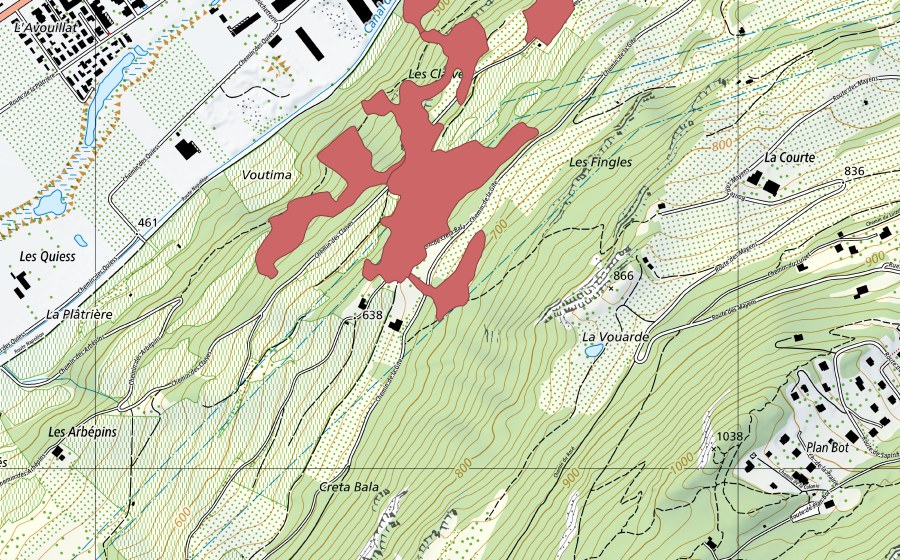 Carte nationale swisstopo avec le périmètre protégé de Les Clèves (Prairie sèche)