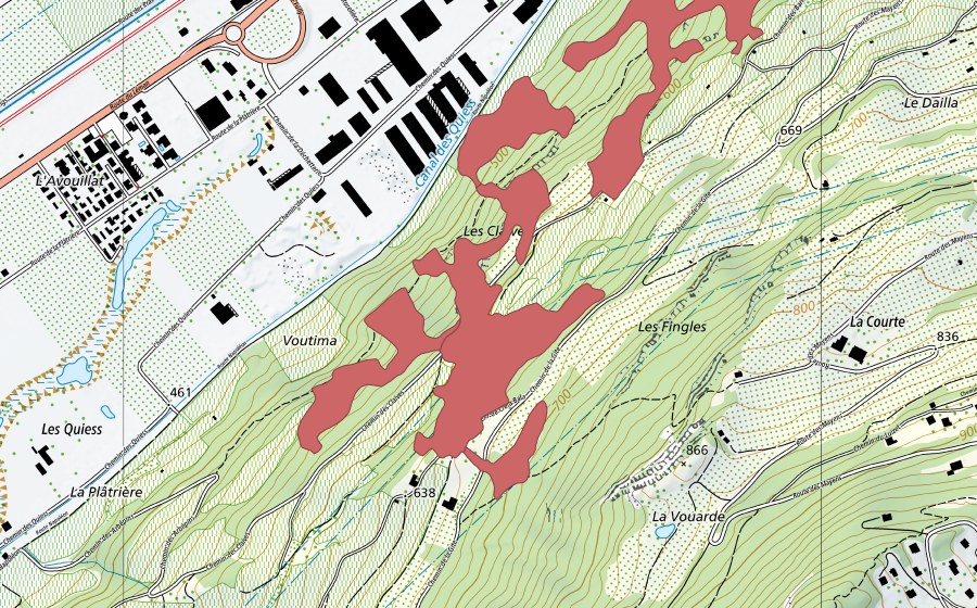 swisstopo national map showing the protected perimeter of Les Clèves (Dry meadow)