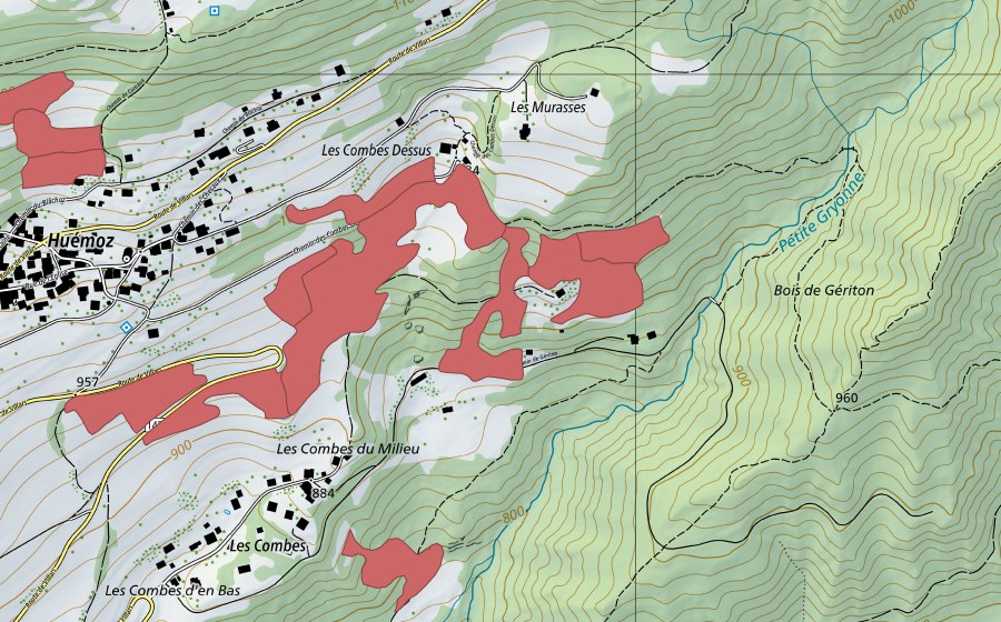 Carte nationale swisstopo avec le périmètre protégé de Les Combes du Milieu (Prairie sèche)