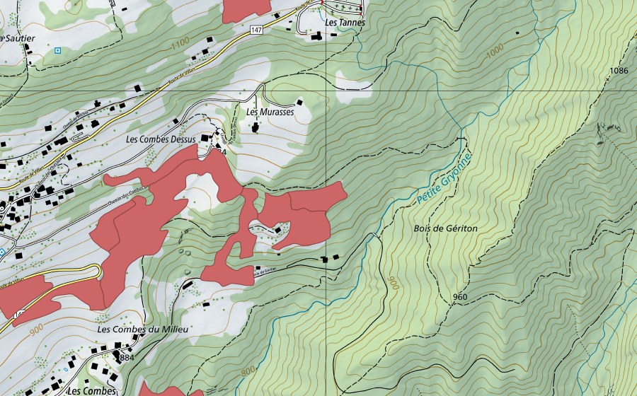 swisstopo national map showing the protected perimeter of Les Combes du Milieu (Dry meadow)