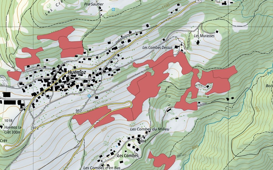 swisstopo national map showing the protected perimeter of Les Combes du Milieu (Dry meadow)