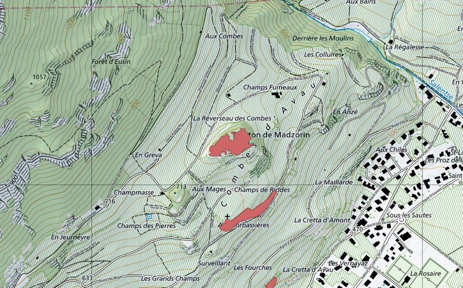 Carte nationale swisstopo avec le périmètre protégé de Les Combes (Prairie sèche)