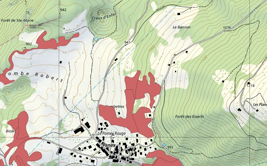 Landeskarte swisstopo mit dem Schutzperimeter von Les Combettes (Trockenwiese)