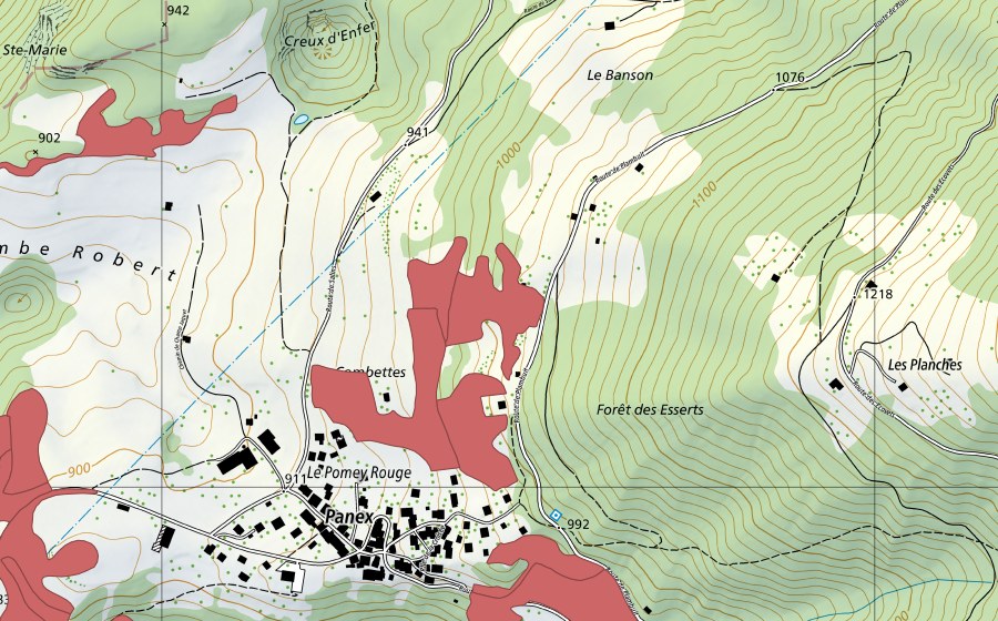 swisstopo national map showing the protected perimeter of Les Combettes (Dry meadow)
