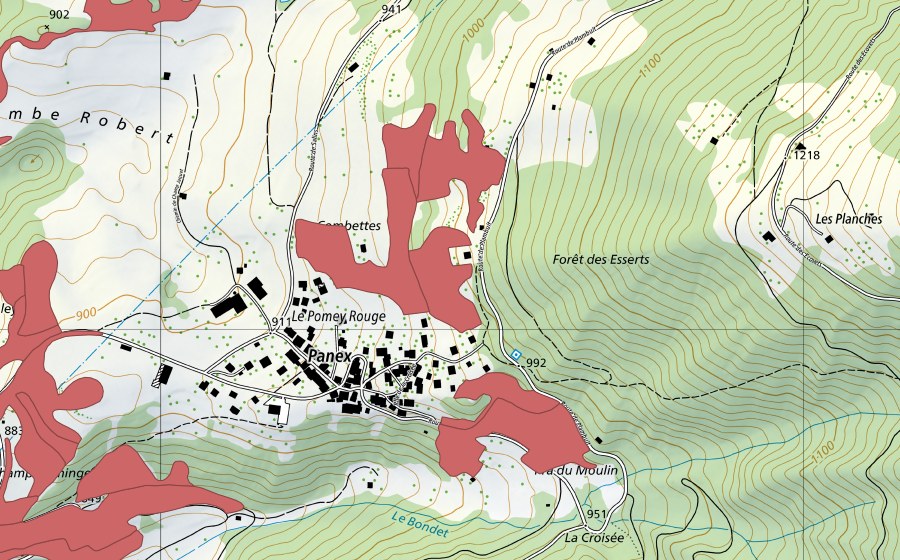 Landeskarte swisstopo mit dem Schutzperimeter von Les Combettes (Trockenwiese)
