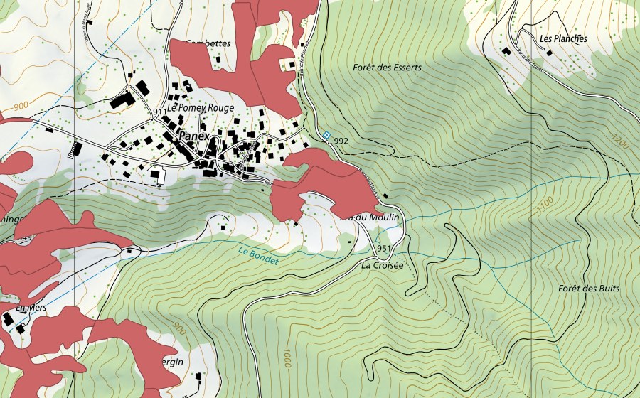 swisstopo national map showing the protected perimeter of Les Combettes (Dry meadow)