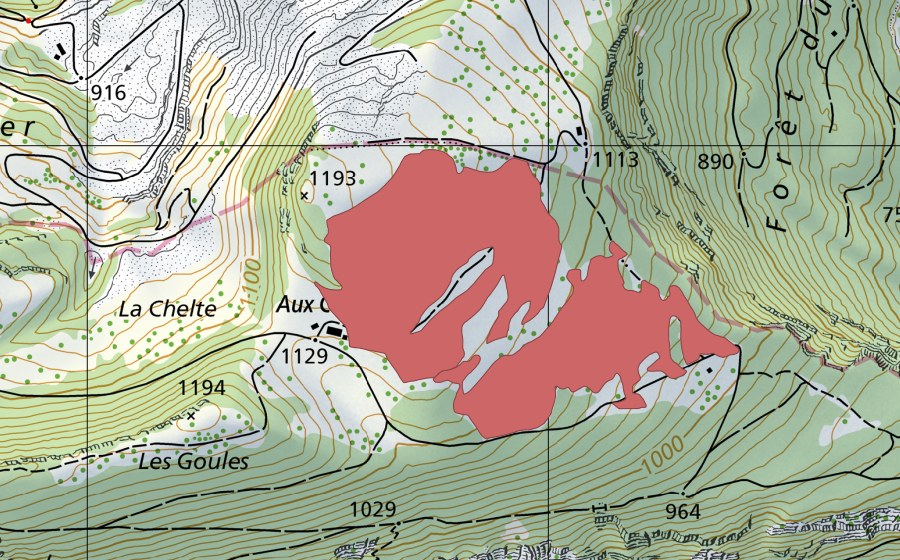Carte nationale swisstopo avec le périmètre protégé de Les Coperies (Prairie sèche)