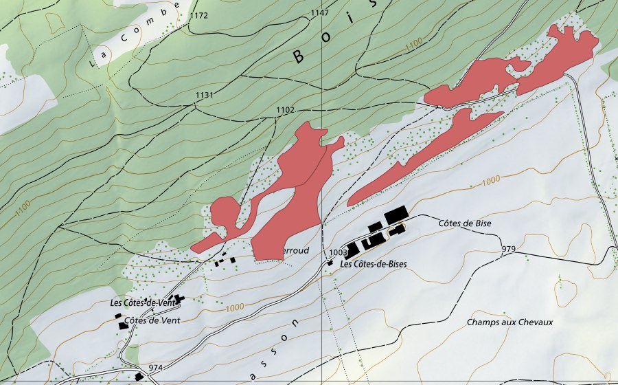 Landeskarte swisstopo mit dem Schutzperimeter von Les Côtes (Trockenwiese)