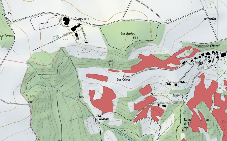 Carte nationale swisstopo avec le périmètre protégé de Les Côtes (Prairie sèche)