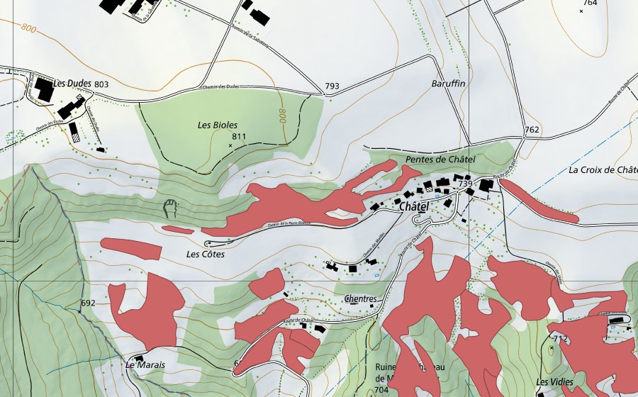 swisstopo national map showing the protected perimeter of Les Côtes (Dry meadow)