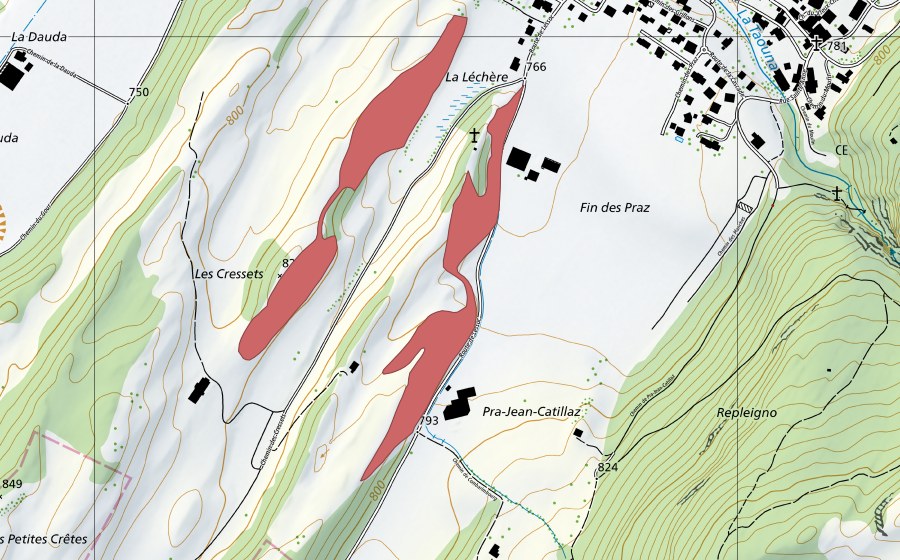 Landeskarte swisstopo mit dem Schutzperimeter von Les Cressets (Trockenwiese)