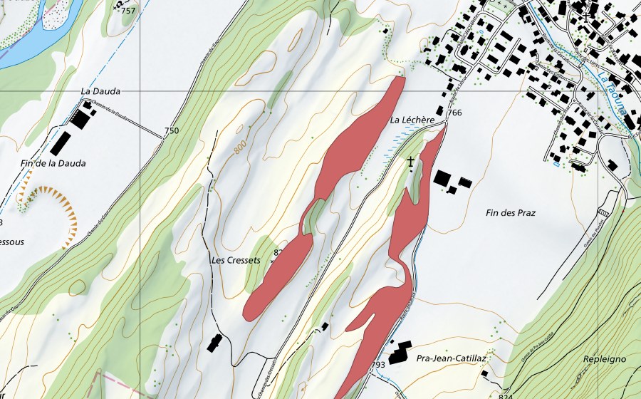 Carta nazionale swisstopo con il perimetro protetto di Les Cressets (Prato secco)