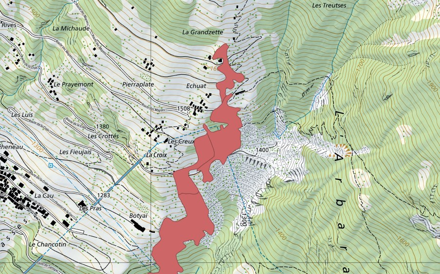 swisstopo national map showing the protected perimeter of Les Creux (Dry meadow)