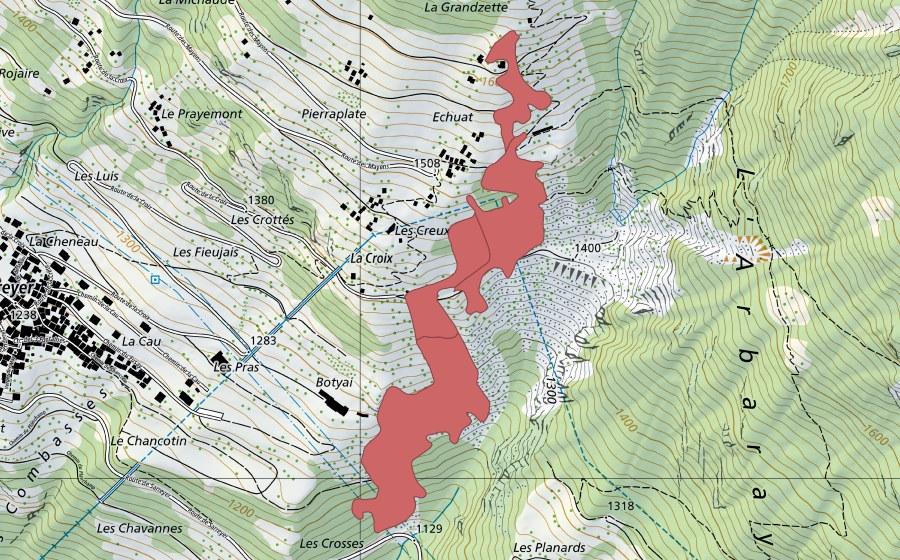 Carte nationale swisstopo avec le périmètre protégé de Les Creux (Prairie sèche)
