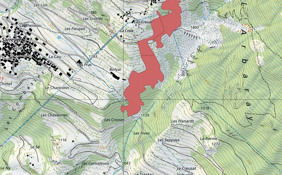 swisstopo national map showing the protected perimeter of Les Creux (Dry meadow)