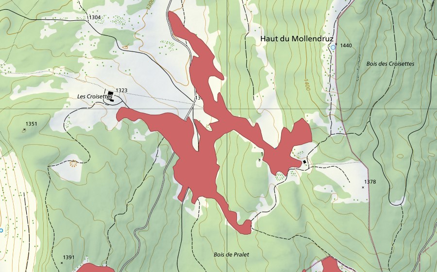 Landeskarte swisstopo mit dem Schutzperimeter von Les Croisettes (Trockenwiese)