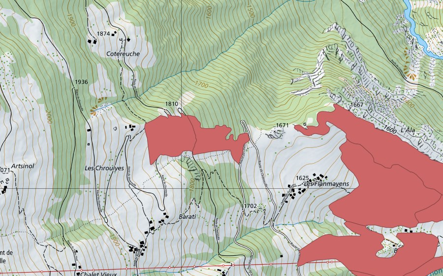 Carte nationale swisstopo avec le périmètre protégé de Les Crouyes (Prairie sèche)
