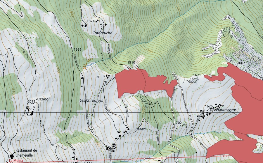 swisstopo national map showing the protected perimeter of Les Crouyes (Dry meadow)