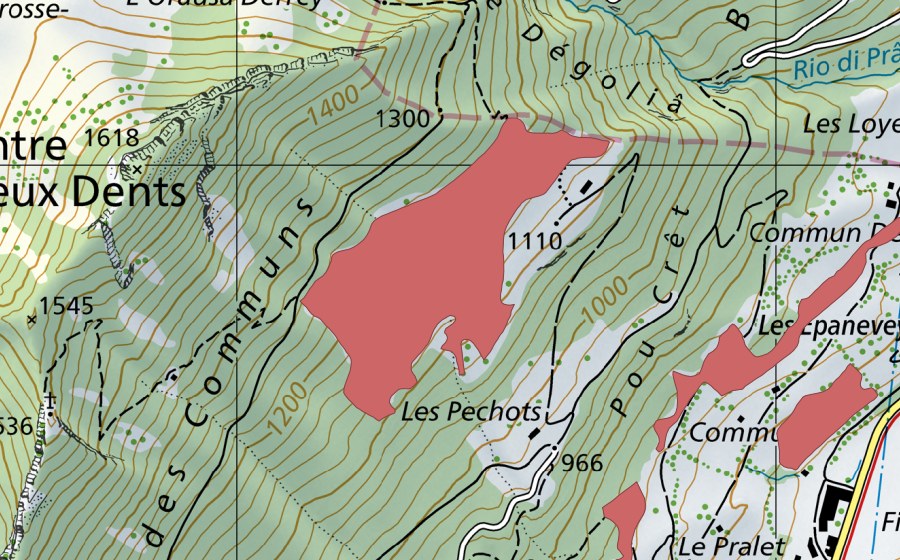 Carte nationale swisstopo avec le périmètre protégé de Les Dovalles (Prairie sèche)