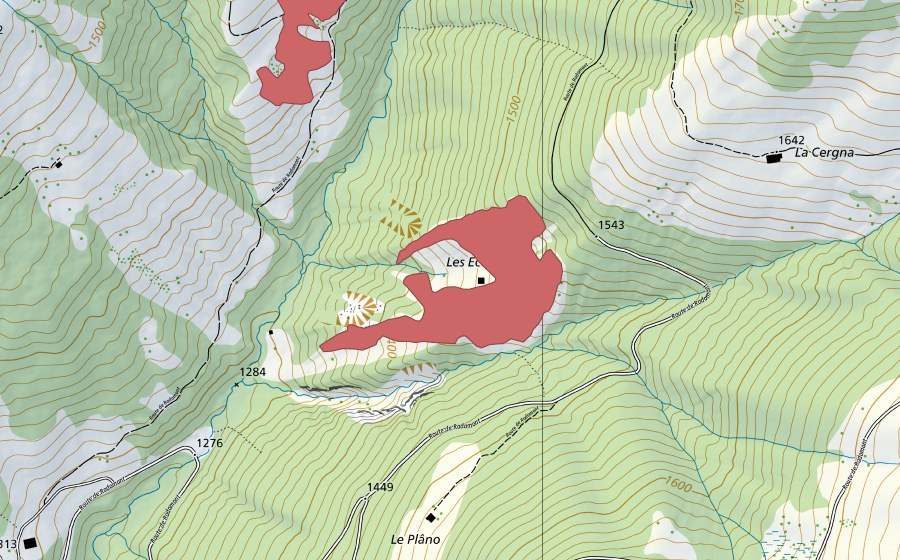 swisstopo national map showing the protected perimeter of Les Ecoumaudaux (Dry meadow)