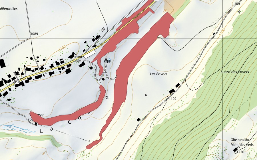 Carte nationale swisstopo avec le périmètre protégé de Les Envers (Prairie sèche)