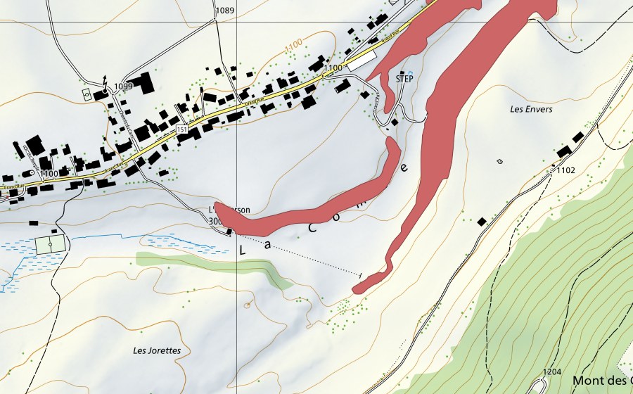 Landeskarte swisstopo mit dem Schutzperimeter von Les Envers (Trockenwiese)