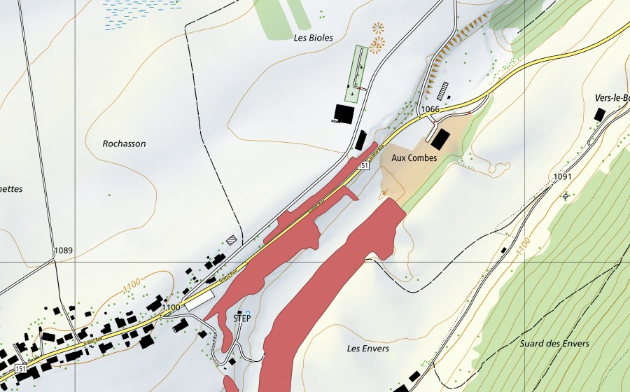 swisstopo national map showing the protected perimeter of Les Envers (Dry meadow)