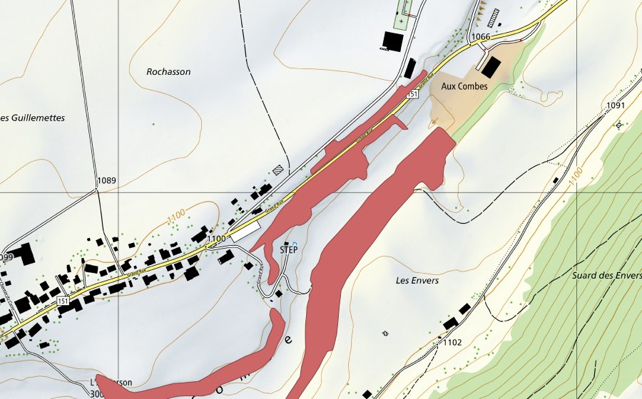Landeskarte swisstopo mit dem Schutzperimeter von Les Envers (Trockenwiese)
