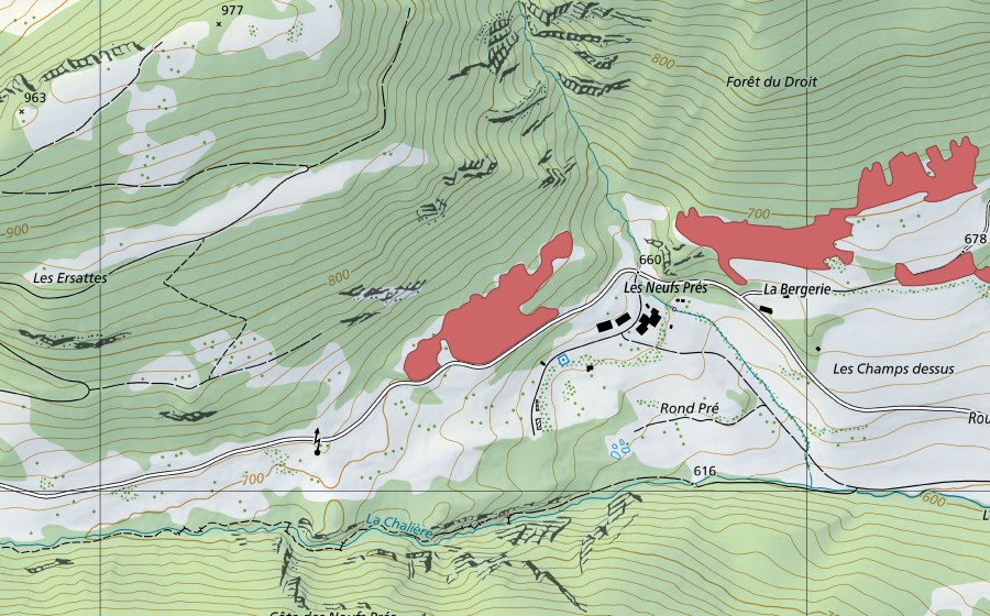 Carte nationale swisstopo avec le périmètre protégé de Les Ersattes (Prairie sèche)