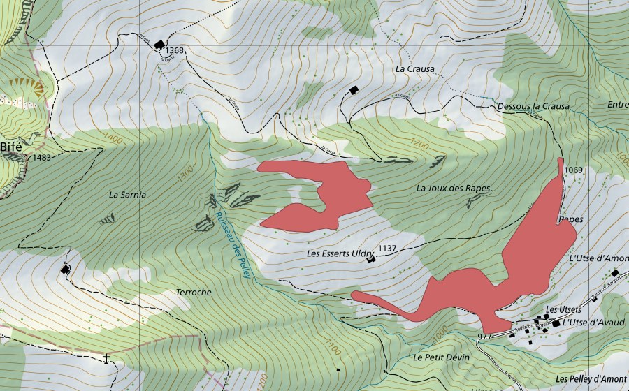 Carte nationale swisstopo avec le périmètre protégé de Les Esserts Uldry (Prairie sèche)