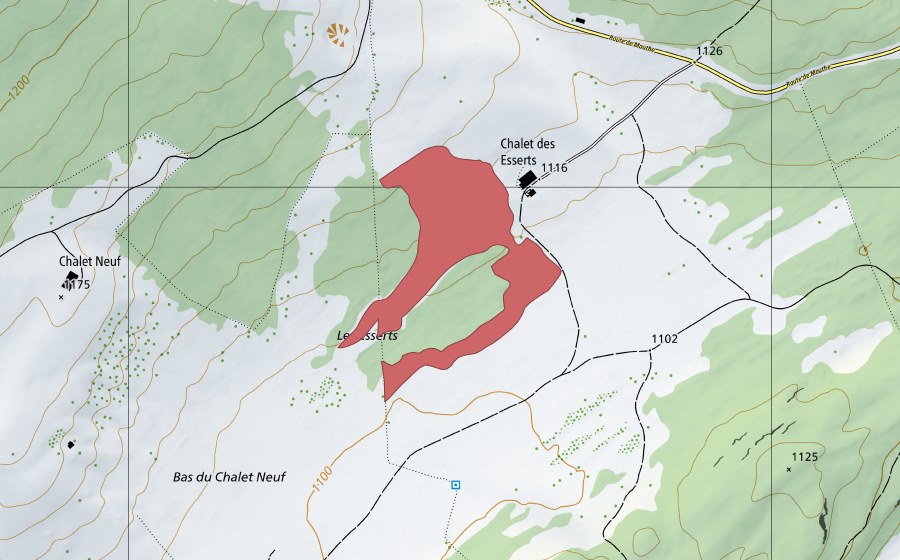 Carte nationale swisstopo avec le périmètre protégé de Les Esserts (Prairie sèche)