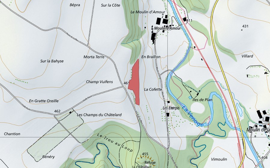 swisstopo national map showing the protected perimeter of Les Eterpis (Dry meadow)