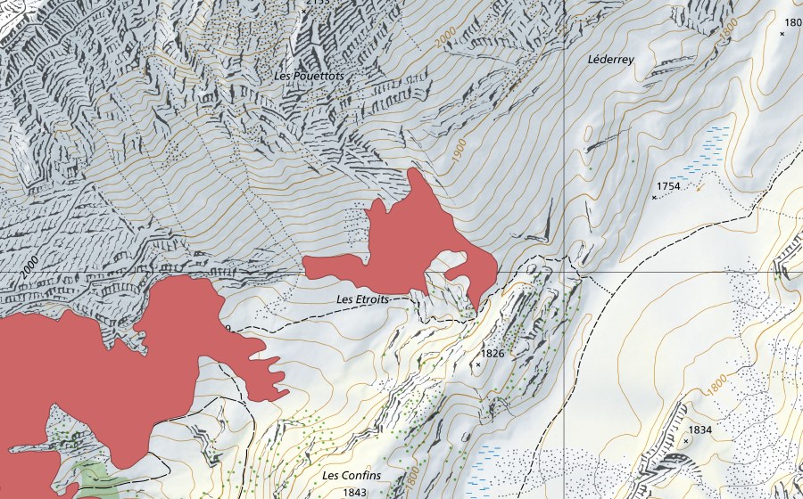 Carte nationale swisstopo avec le périmètre protégé de Les Etroits (Prairie sèche)