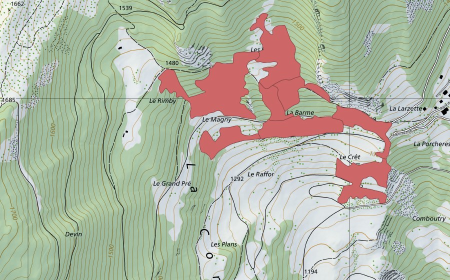 Landeskarte swisstopo mit dem Schutzperimeter von Les Evouettes (Trockenwiese)