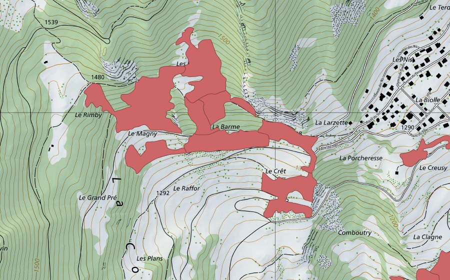 Carte nationale swisstopo avec le périmètre protégé de Les Evouettes (Prairie sèche)