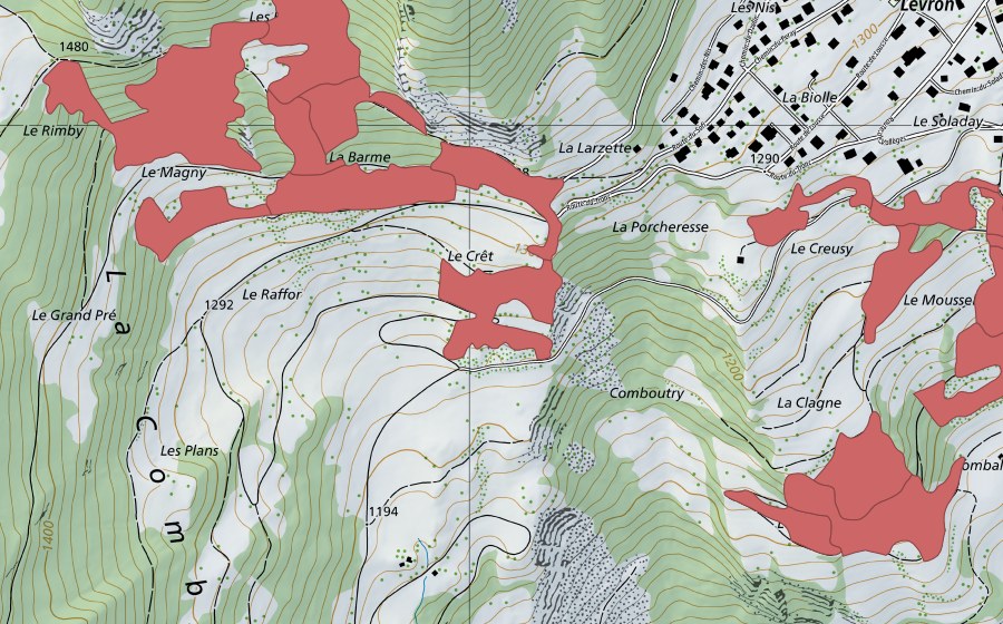 Landeskarte swisstopo mit dem Schutzperimeter von Les Evouettes (Trockenwiese)