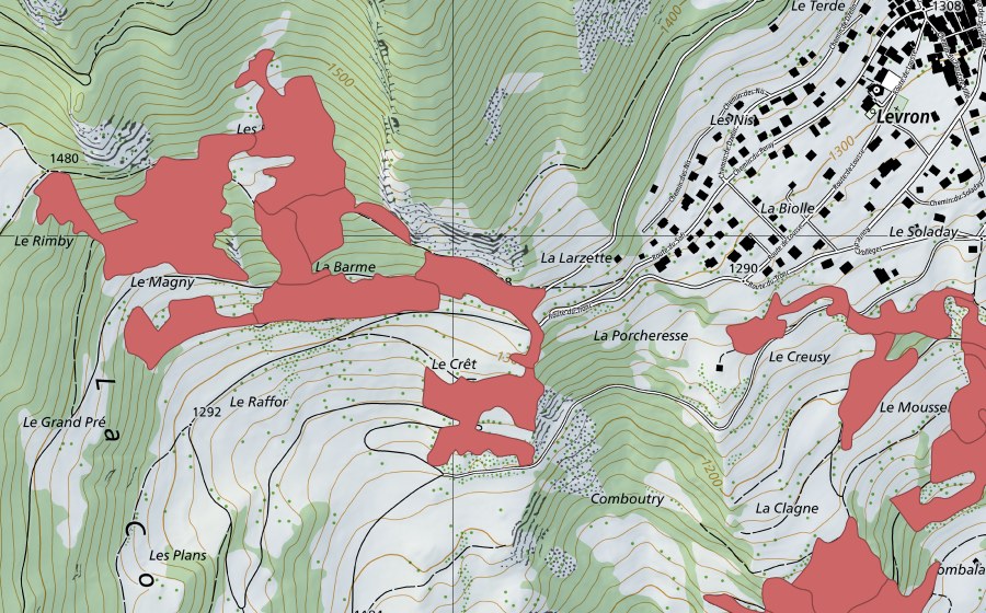 Carte nationale swisstopo avec le périmètre protégé de Les Evouettes (Prairie sèche)