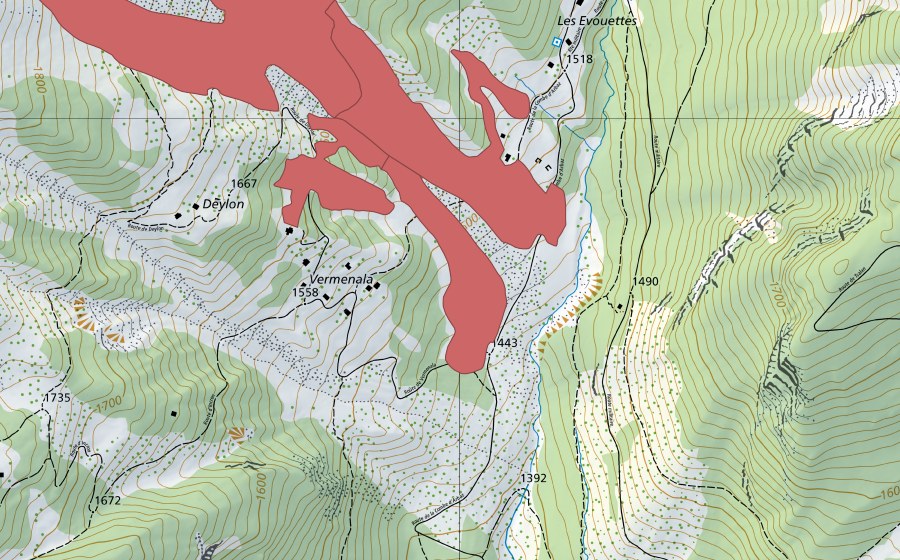 swisstopo national map showing the protected perimeter of Les Evouettes (Dry meadow)