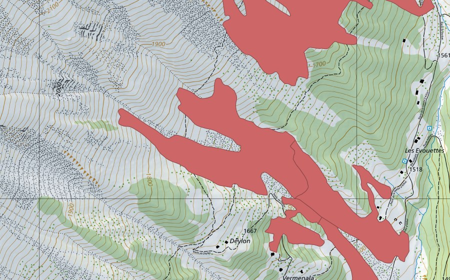 Carte nationale swisstopo avec le périmètre protégé de Les Evouettes (Prairie sèche)
