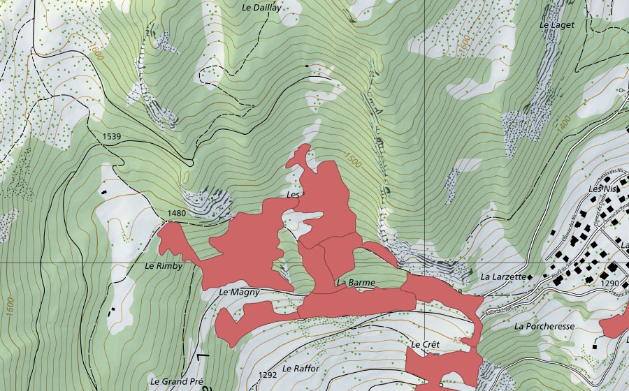 swisstopo national map showing the protected perimeter of Les Evouettes (Dry meadow)